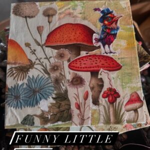 Collage on a hard board of a variety of mushrooms and a funny little bird that is atop one.