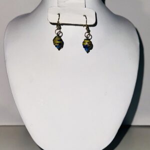 Mini bead earrings with gold fixings and small paper beads of gold-green and blue with a porcelain look.
