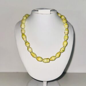 Necklace of bright yellow paper beads.