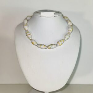 Short necklace of white paper beads with bright yellow markings