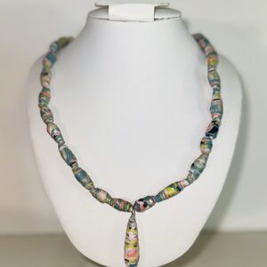 Pastel grays and corals floral pattern necklace of paper-based beads