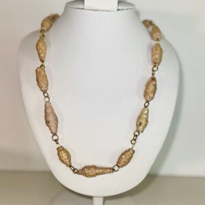 Necklace of golden yellow paper beads with gold fixings