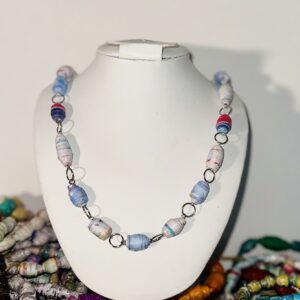 paper beads of red white and blue in a necklace with silver fixings