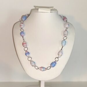 paper beads of red white and blue in a necklace with silver fixings