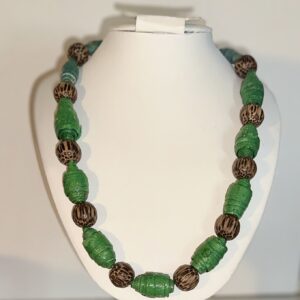 Green 'Stone-Look' Necklace with wooden bead spacers on a white form with a neutral background