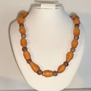 Necklace of stone-look orange paper beads with wooden spacer beads