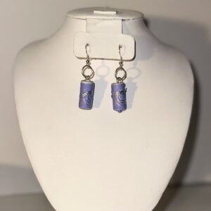 Earrings with silver fixings and cylinder beads of purple with silver waves
