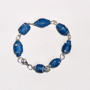 dark blue denim colored paper beads bracelet with silver fixings to create a chain.