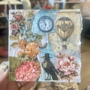Collage showing a clock, hot air balloon, crow, and roses